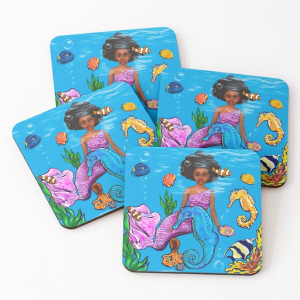 Item preview, Mermaid and fish 2 - Coco the Magical rainbow mermaid with brown eyes,  Afro hair in and caramel brown skin designed and sold by Artonmytee.