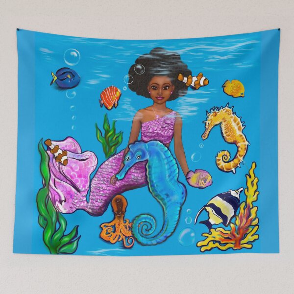 Item preview, Mermaid and fish 2 - Coco the Magical rainbow mermaid with brown eyes,  Afro hair in and caramel brown skin designed and sold by Artonmytee.