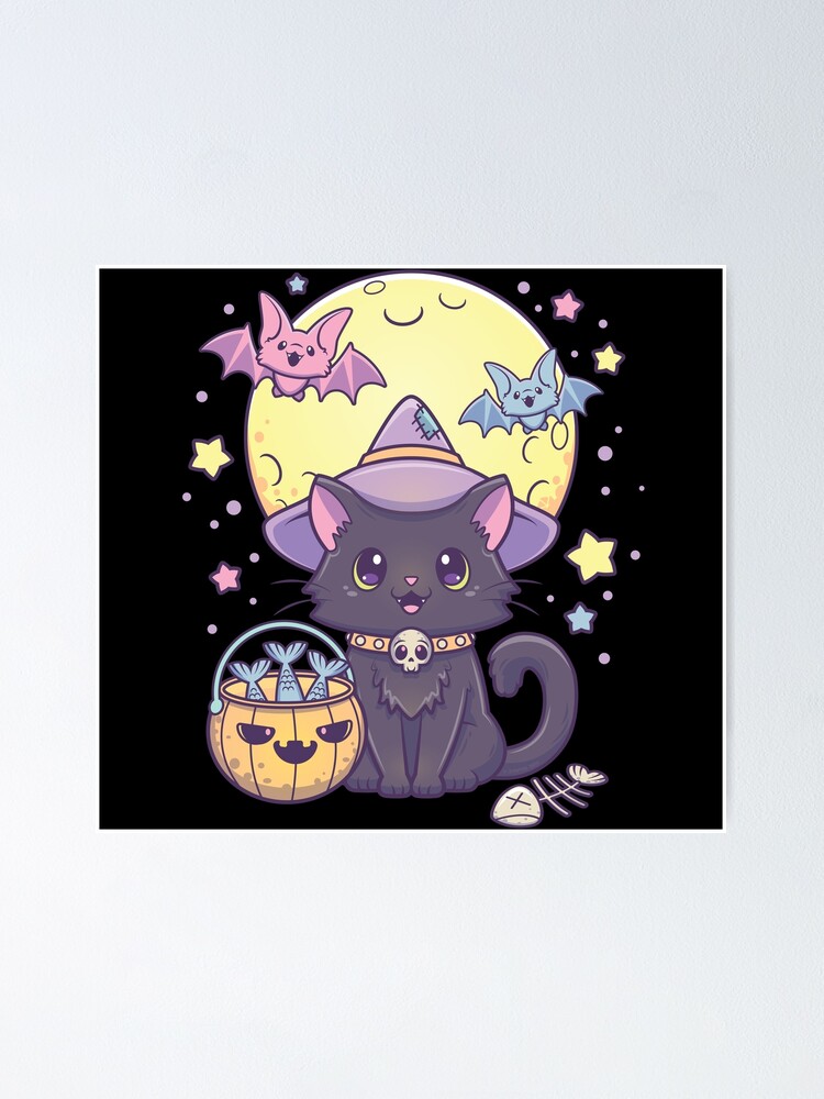 Kawaii Pastel Goth Cute Creepy Halloween Black Cat with Witch Hat & Jack o  Lantern | Poster