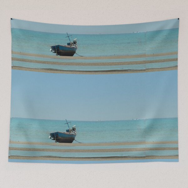 Item preview, fisherman's fishing boat on sand at a fishing village beach There is an island and sea background with the daytime sky. A stranded fishing boat After the sea has receded designed and sold by WP-7824.