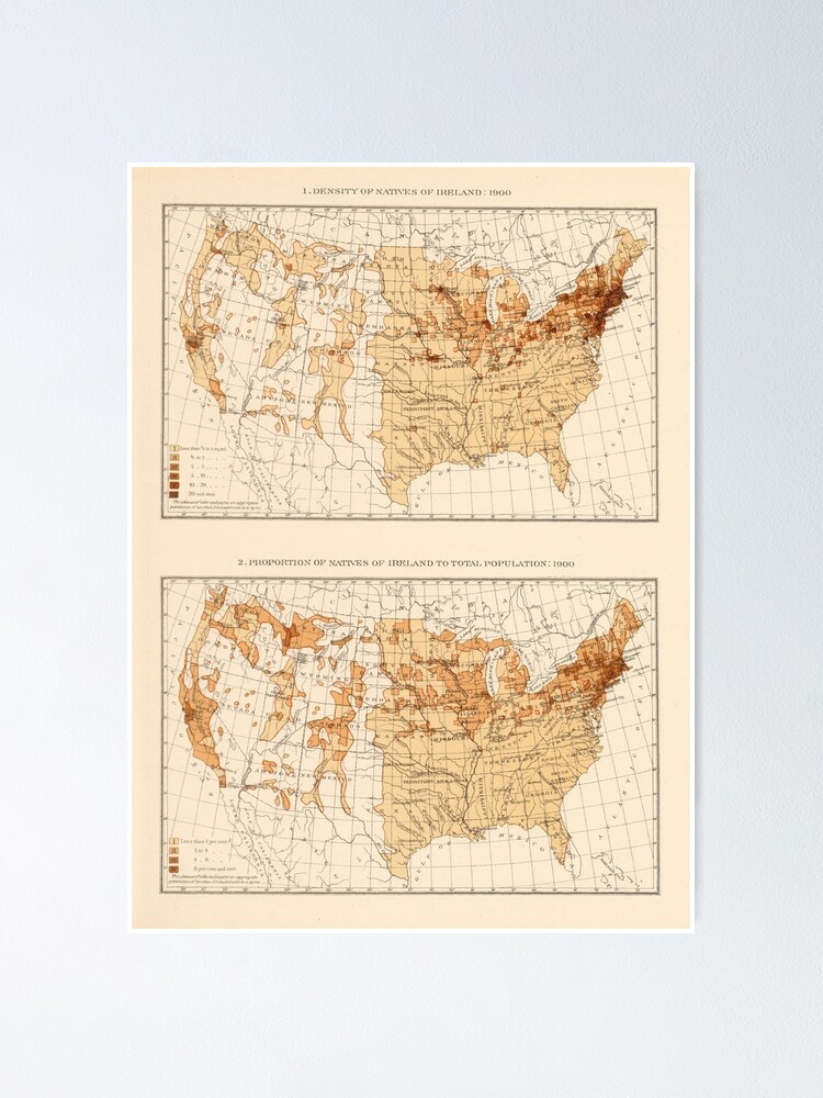 Old Us Irish Population Map 1900 Vintage United States Ireland Immigrants Atlas Poster By Bravuramedia Redbubble