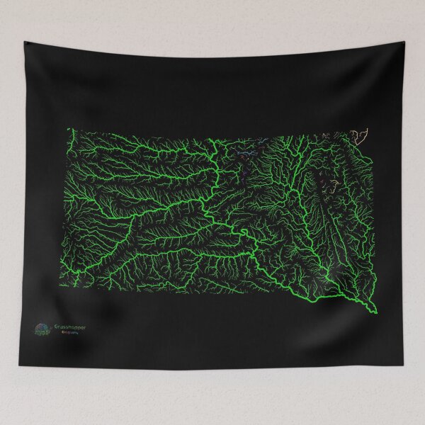 Item preview, South Dakota River Basin Map in Rainbow Colours with Black Background designed and sold by GrasshopperGeo.