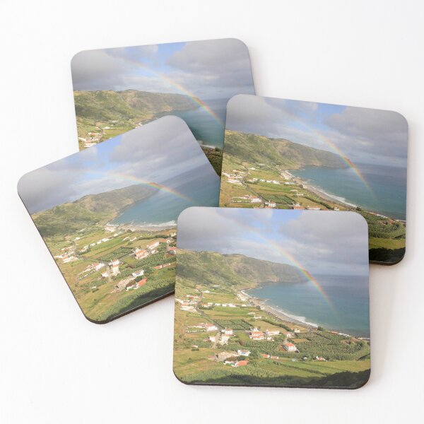 Item preview, Amazing rainbow over Santa Maria island, landscape with a nice bay and beach, small village, Azores travel destination. designed and sold by AylaHarbich.