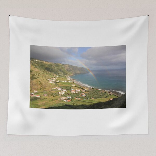 Item preview, Amazing rainbow over Santa Maria island, landscape with a nice bay and beach, small village, Azores travel destination. designed and sold by AylaHarbich.