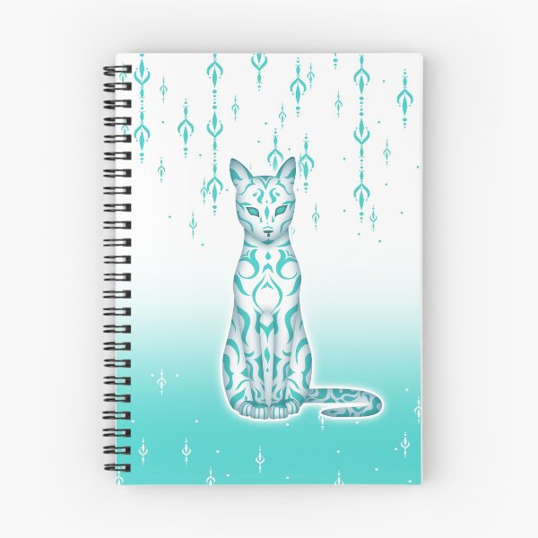 Item preview, Fantasy white cat with turquoise blue stripes and marks before white and turquoise pattern background designed and sold by CiniArt.