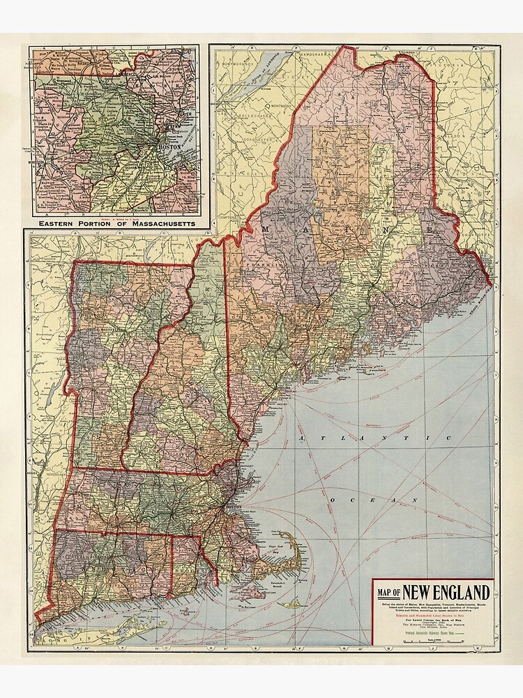 Old New England States Map (1920) Vintage Northeastern US Atlas Poster by BravuraMedia