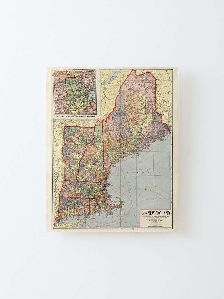 Alternate view of Old New England States Map (1920) Vintage Northeastern US Atlas Poster Mounted Print