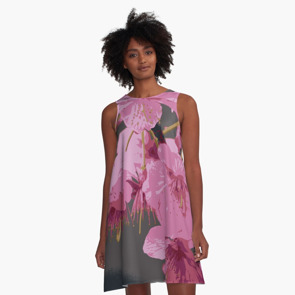 Beautiful Pink Sakura Cherry Blossoms Illustration A-Line Dress