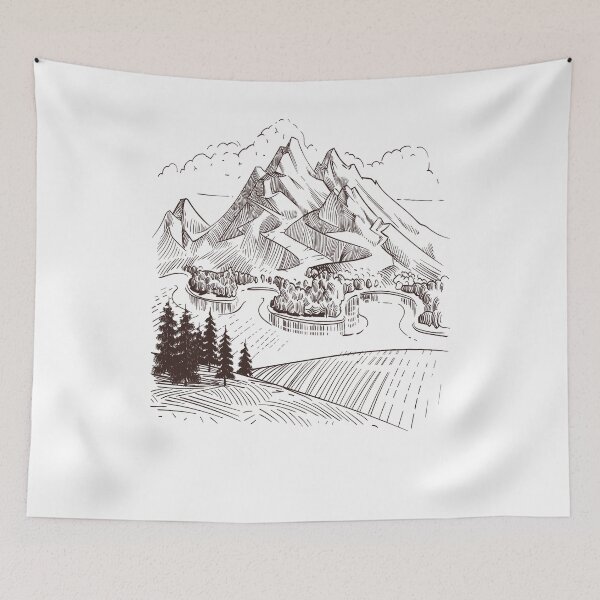 Artikelvorschau, Berglandschaft | Berglandschaft Bleistiftzeichnung entworfen und verkauft von MountainFashion.