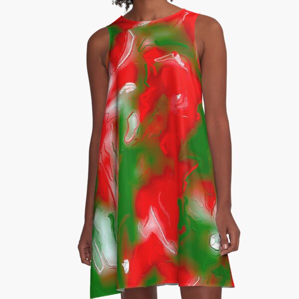 Red, White and Green Abstract A-Line Dress