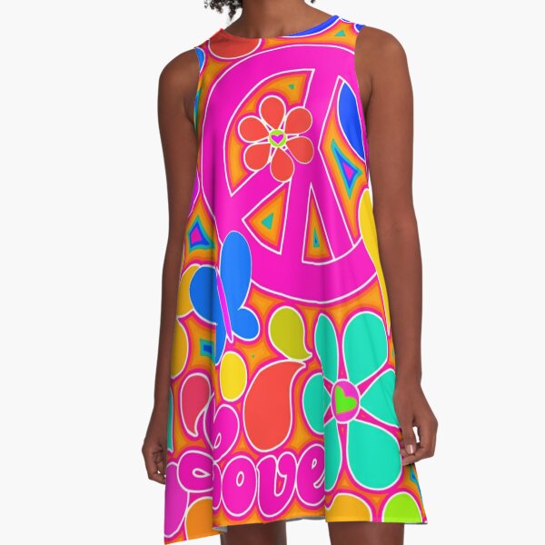 Bright Pop Art Colorful Peace and Love Flower Power Art A-Line Dress