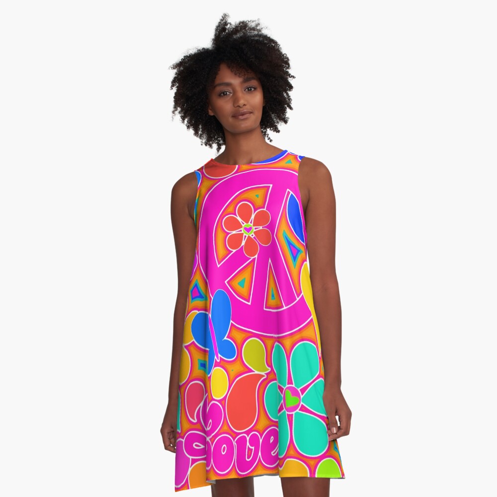 Bright Pop Art Colorful Peace and Love Flower Power Art A-Line Dress