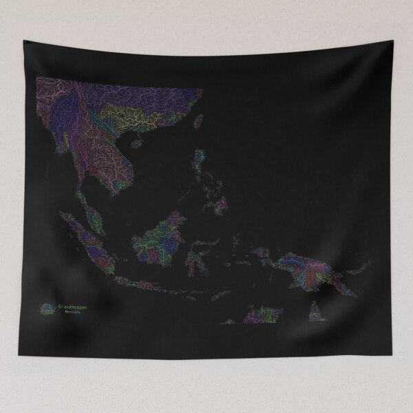 Item preview, Southeast Asia River Basin Map in Rainbow Colours with Black Background designed and sold by GrasshopperGeo.