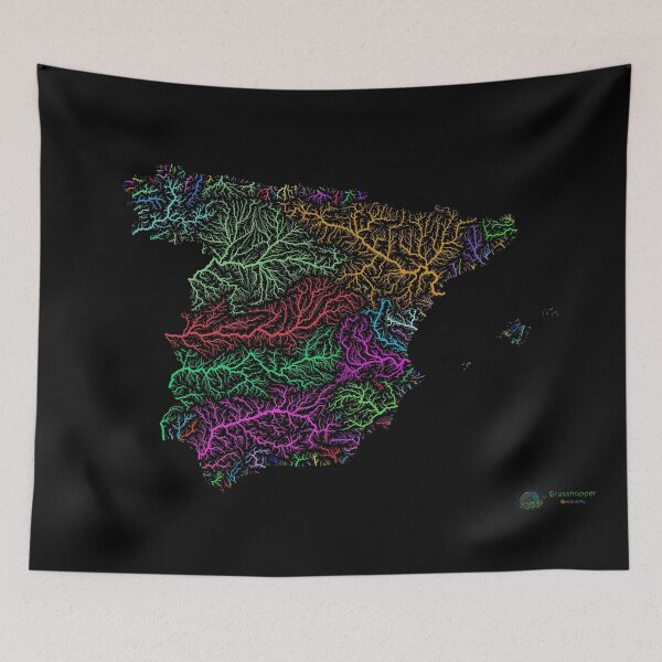 Item preview, Spain River Basin Map in Rainbow Colours with Black Background designed and sold by GrasshopperGeo.