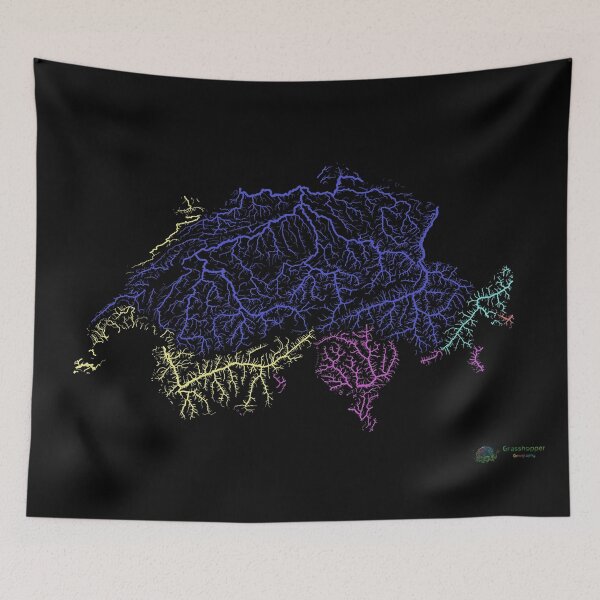 Item preview, Switzerland River Basin Map in Rainbow Colours with Black Background designed and sold by GrasshopperGeo.