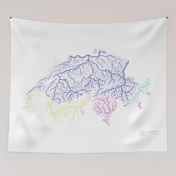 Item preview, Switzerland River Basin Map in Rainbow Colours with White Background designed and sold by GrasshopperGeo.