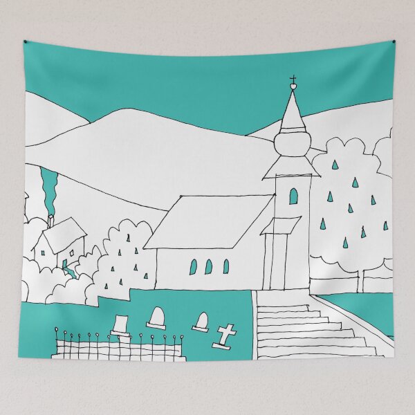 Item preview, Little Village with Church No.: 02 on Light Blue Board "Paper Drawings/Paintings"  designed and sold by Istvan Ocztos.