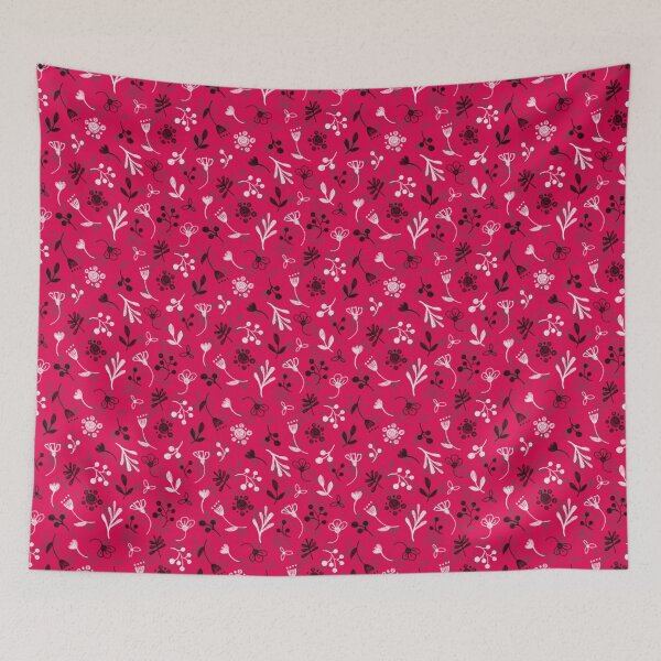 Item preview, Floral pattern, white and black twigs, berries and flowers on a red background, drawing with chalk and charcoal. designed and sold by UVI-CA.