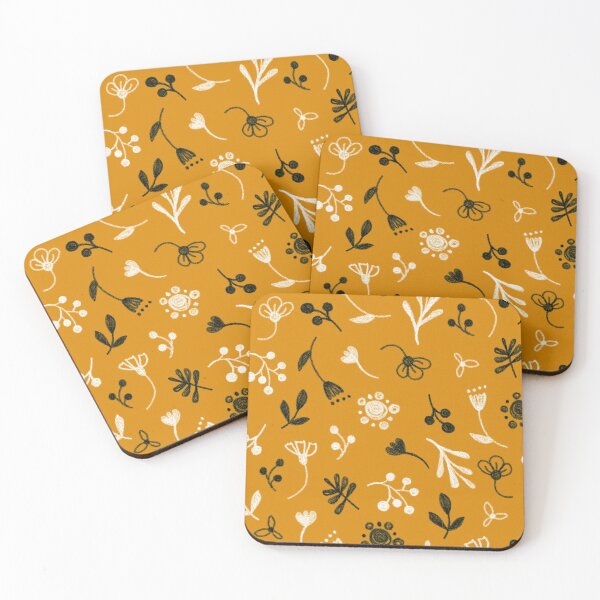 Item preview, Floral pattern, white and black twigs, berries and flowers on an orange background, drawing with chalk and charcoal. designed and sold by UVI-CA.