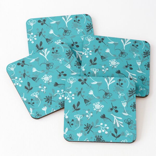 Item preview, Floral pattern, white and black twigs, berries and flowers on a blue background, drawing with chalk and charcoal. designed and sold by UVI-CA.