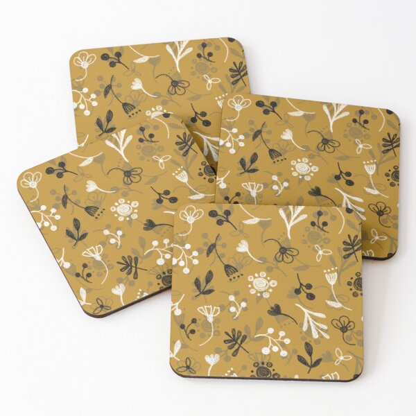Item preview, Floral pattern, white and black twigs, berries and flowers on an ocher background, drawing with chalk and charcoal. designed and sold by UVI-CA.