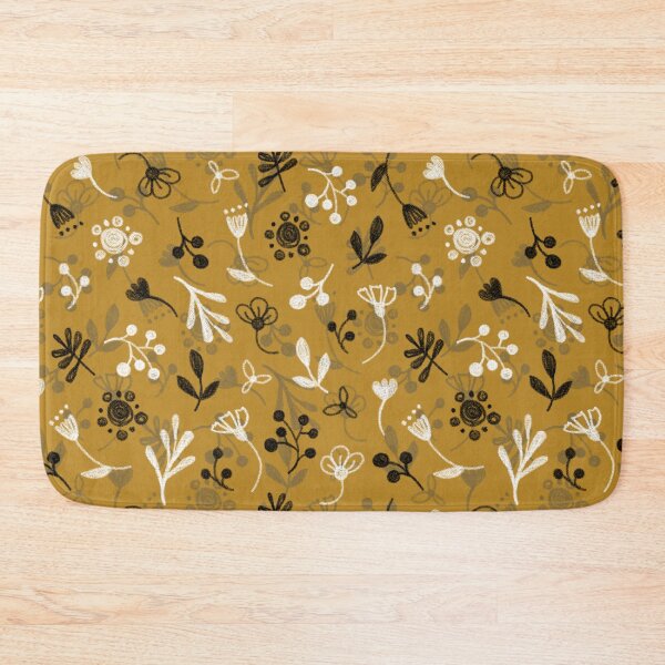 Item preview, Floral pattern, white and black twigs, berries and flowers on an ocher background, drawing with chalk and charcoal. designed and sold by UVI-CA.