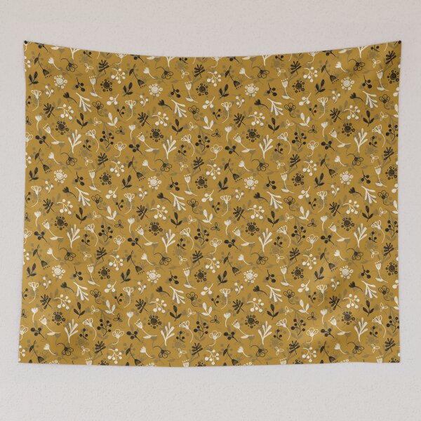 Item preview, Floral pattern, white and black twigs, berries and flowers on an ocher background, drawing with chalk and charcoal. designed and sold by UVI-CA.