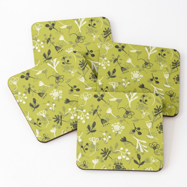 Item preview, Vegetable pattern, white and black twigs, berries and flowers on a green-ocher background, drawing with chalk and charcoal. designed and sold by UVI-CA.