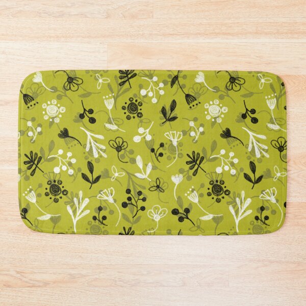 Item preview, Vegetable pattern, white and black twigs, berries and flowers on a green-ocher background, drawing with chalk and charcoal. designed and sold by UVI-CA.