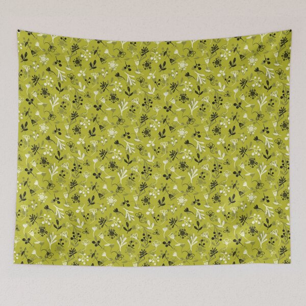 Item preview, Vegetable pattern, white and black twigs, berries and flowers on a green-ocher background, drawing with chalk and charcoal. designed and sold by UVI-CA.