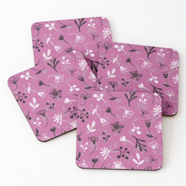 Item preview, Floral pattern, white and black twigs, berries and flowers on a pink background, drawing with chalk and charcoal. designed and sold by UVI-CA.