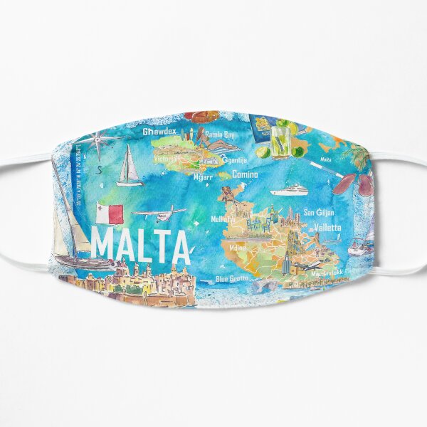 Malta Illustrated Island Travel Map with Roads and Highlights Flat Mask