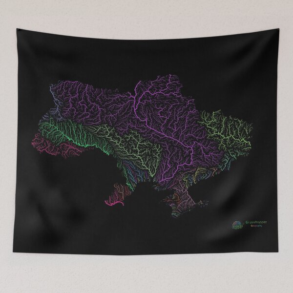 Item preview, Ukraine River Basin Map in Rainbow Colours with Black Background designed and sold by GrasshopperGeo.