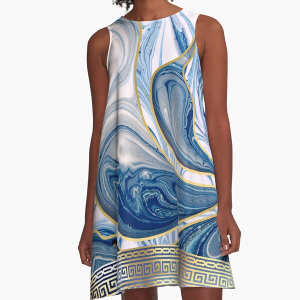 Artikel-Vorschau von Griechischer Schlüssel verziertes Weiß-Blau-Gold-Marmor-Muster, designt und verkauft von Yiorgos Designs.