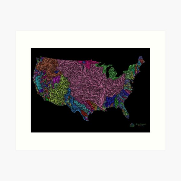 Item preview, United States River Basin Map in Rainbow Colours with Black Background designed and sold by GrasshopperGeo.