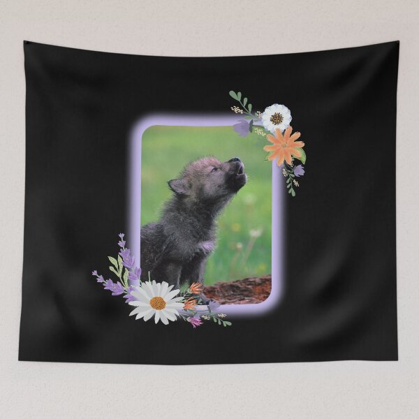 Item preview, Howling Baby Wolf With Flowers Frame Design designed and sold by EarthArtDesigns.