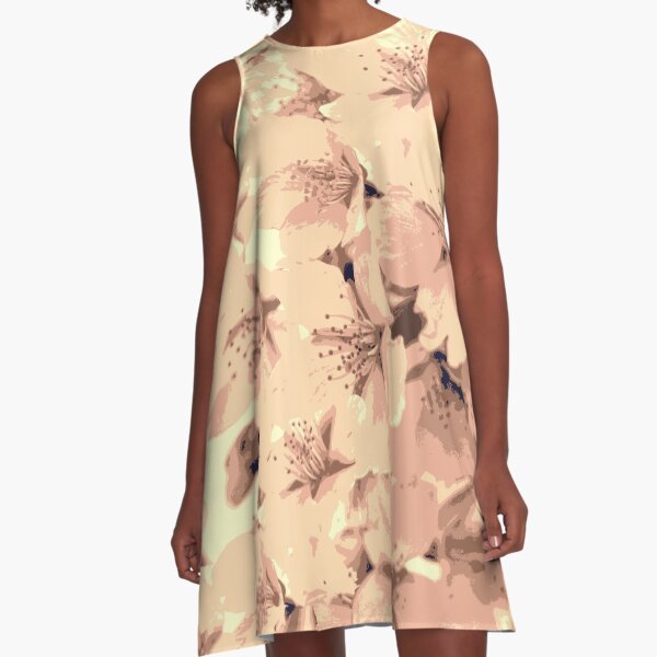 Vintage Peach Pink Cream Cherry Blossoms Illustration A-Line Dress