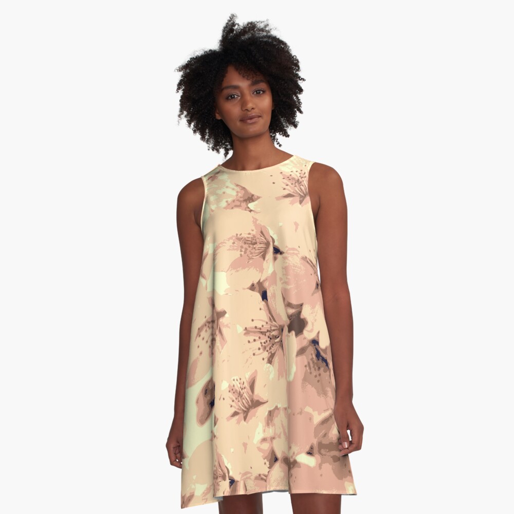 Vintage Peach Pink Cream Cherry Blossoms Illustration A-Line Dress