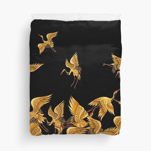 Golden Japanese Cranes Oriental Duvet Cover