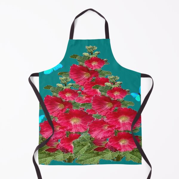 Artikelvorschau, ROTE HOLLYHOCKS NEON BLAU SCHMETTERLINGE TEAL ART entworfen und verkauft von sharlesart.