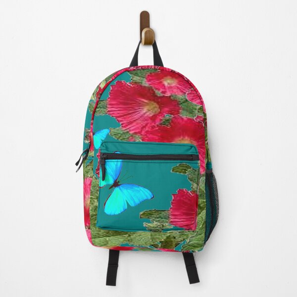 Item preview, RED HOLLYHOCKS NEON BLUE BUTTERFLIES TEAL ART designed and sold by sharlesart.