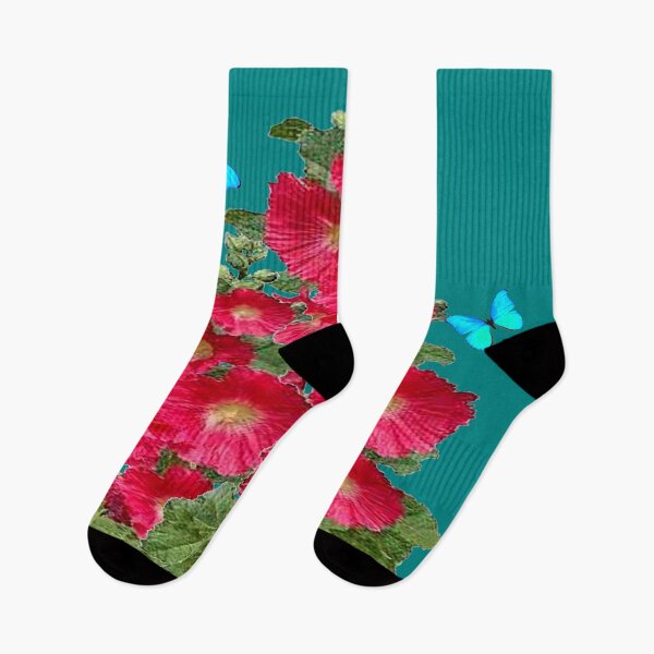Item preview, RED HOLLYHOCKS NEON BLUE BUTTERFLIES TEAL ART designed and sold by sharlesart.