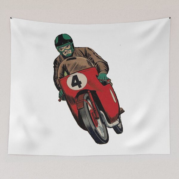 Item preview, Vintage Motorcyle Racer cartoon, comic, scooter, cycle, moped, goggles, helmet, motocross racer designed and sold by Nostrathomas66.