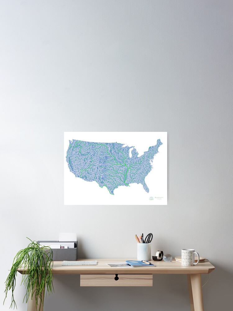 Thumbnail 2 of 3, Poster, United States River Map in Blue and Green with White Background designed and sold by GrasshopperGeo.