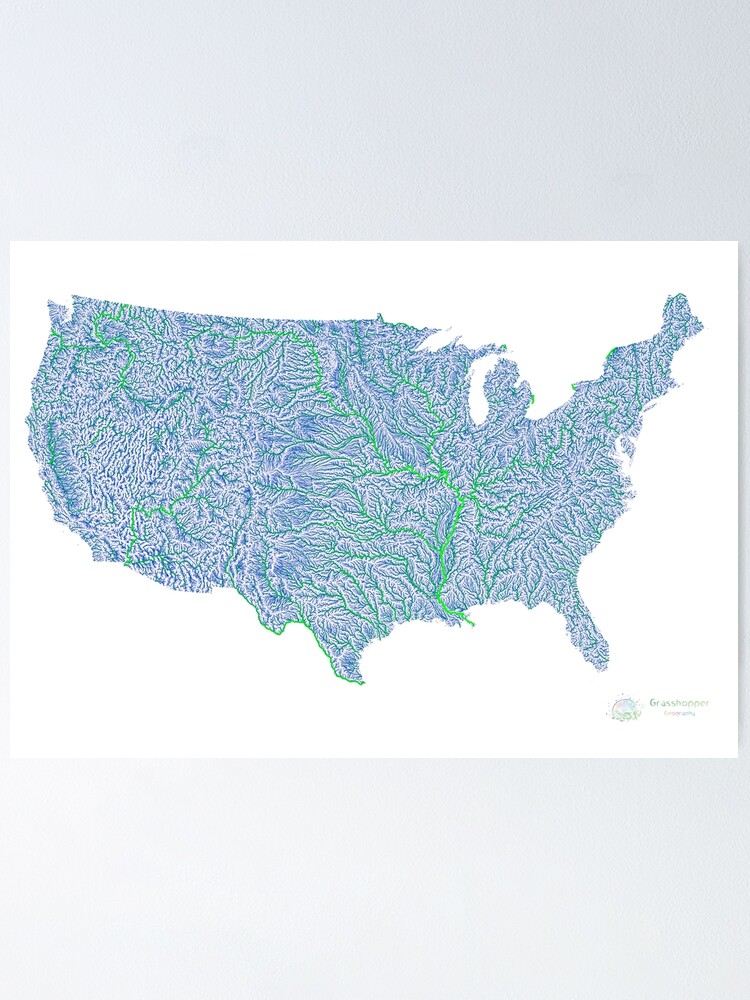 Thumbnail 1 of 3, Poster, United States River Map in Blue and Green with White Background designed and sold by GrasshopperGeo.