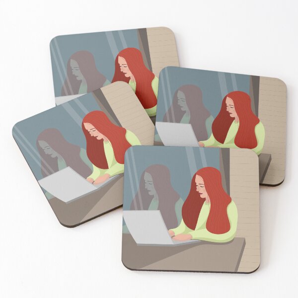 Item preview, A blogger girl is working at a laptop in a summer cafe ,her reflection is visible in the glass. designed and sold by LionKsi89.