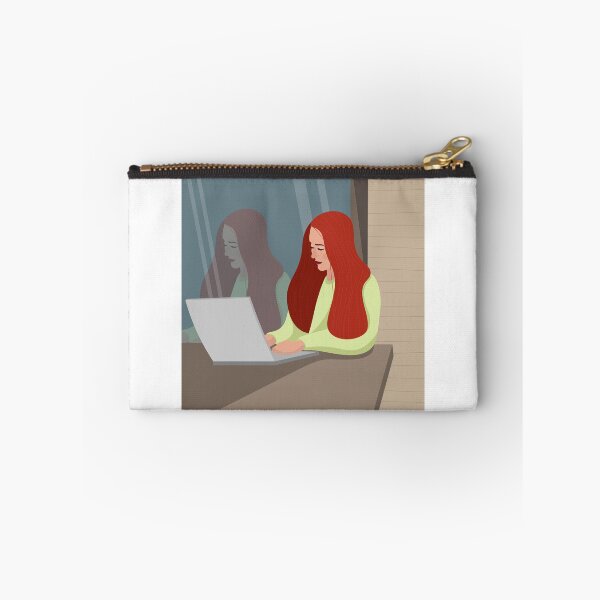Item preview, A blogger girl is working at a laptop in a summer cafe ,her reflection is visible in the glass. designed and sold by LionKsi89.