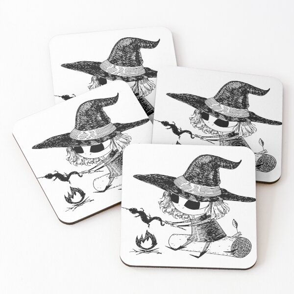 Item preview, Cute witch at the campfire, roasting a lizard. Line art  designed and sold by LizaShush.