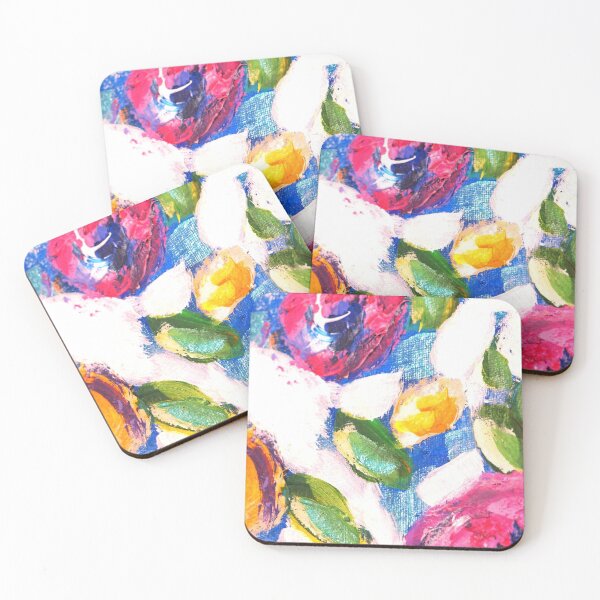 Artikelvorschau, Flower Power als Blumendruck, rot rosa gelb grün und blaue Blumen auf Textil entworfen und verkauft von univkat.
