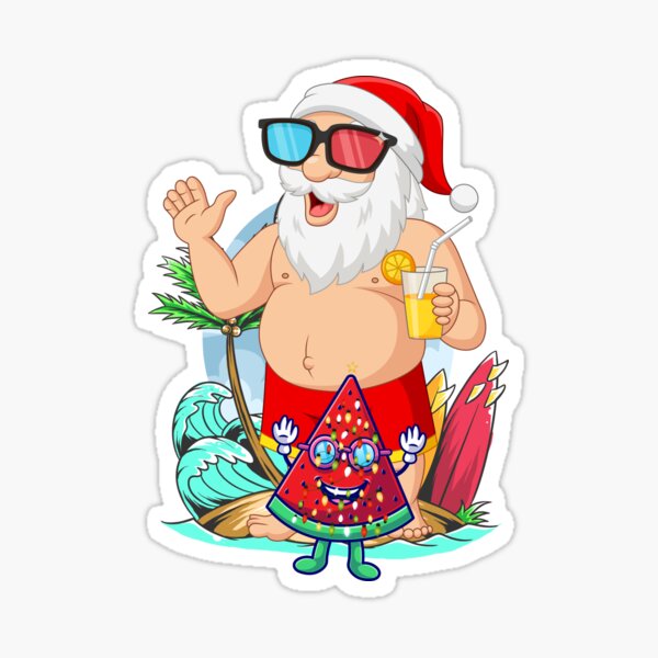 Christmas In July Summer Beach Vacation Flamingo And Santa Claus Gift Watermelon Gift For Christmas Celebration Sticker